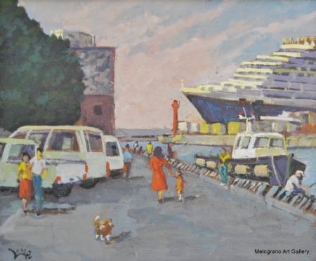 Scorcio del porto di Livorno con madre e bambino dipinto da Giancarlo Landi, pittura figurativa contemporanea