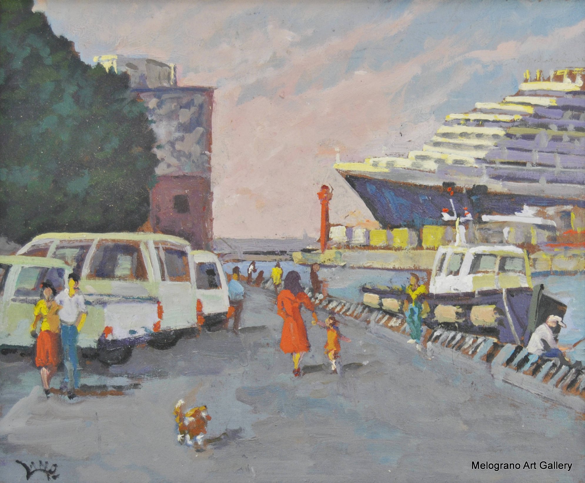 Scorcio del porto di Livorno con madre e bambino dipinto da Giancarlo Landi, pittura figurativa contemporanea