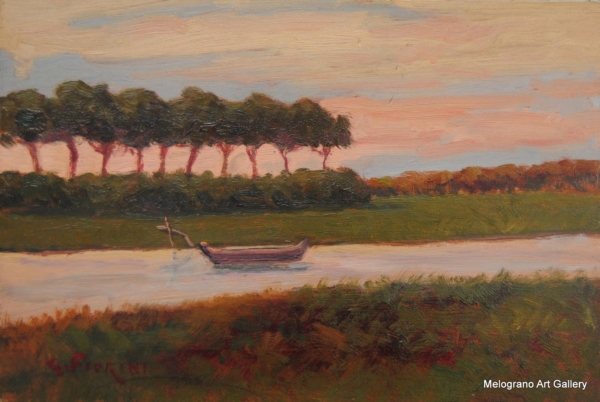 Paesaggio con pini al tramonto, dipinto post macchiaiolo di Gino Fiorini