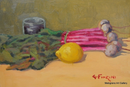 Natura morta con rape rosse, dipinto post macchiaiolo di Gino Fiorini