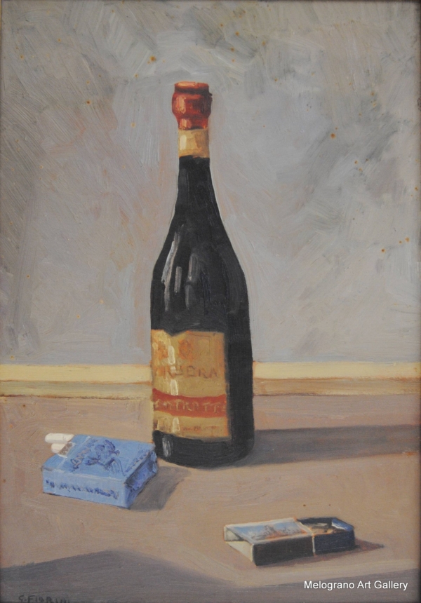 Natura morta con bottiglia, dipinto post macchiaiolo di Gino Fiorini