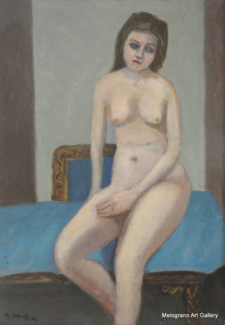 Dipinto di Giuseppe Cavallini, pittore livornese del Novecento, realismo figurativo e pennellata espressiva in un casto nudo di donna