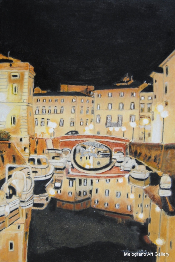 Veduta notturna del Quartiere La Venezia a Livorno con un edificio centrale illuminato, ponte rosso sul canale, barche ormeggiate e figure umane durante la manifestazione Effetto Venezia, dipinto espressionista di Giuseppe Geloso.