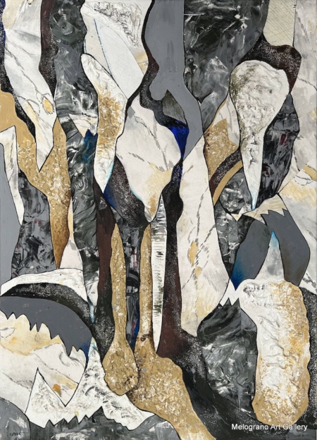 Dipinto astratto di Laura Ruberto con acrilici su tela, grotta e acqua in movimento che scolpisce la roccia.