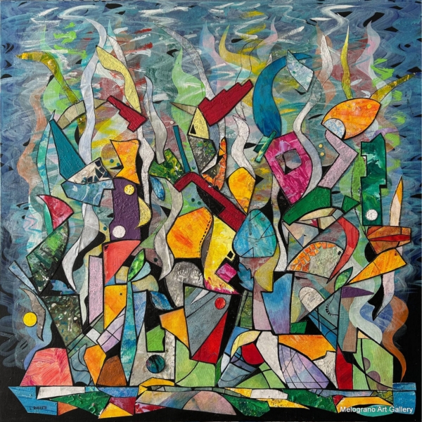 Dipinto astratto di Laura Ruberto ispirato a una città colorata, realizzato con acrilici e collage su tela.