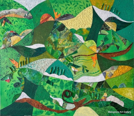 Dipinto astratto di Laura Ruberto con acrilici e collage su tela, paesaggio armonioso di colline e cipressi, luce e vento.