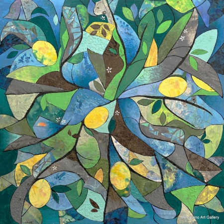 Dipinto astratto di Laura Ruberto dai toni caldi e luminosi, ispirato all’estate, al vento e alla luce del mare.