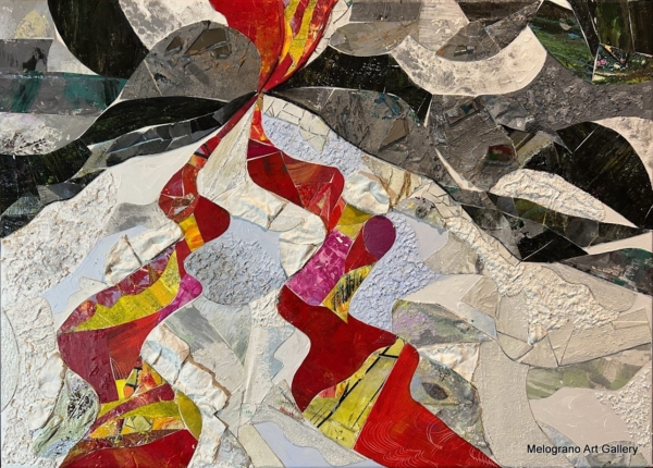 Dipinto astratto di Laura Ruberto in acrilico su tela, contrasto tra rosso fuoco e bianco ghiaccio, simbolo di equilibrio tra opposti.