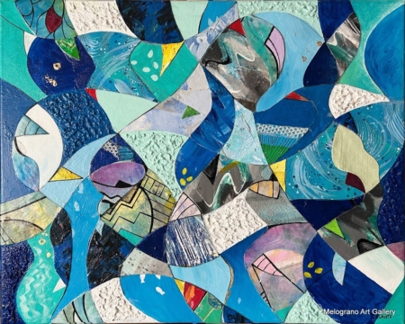 Dipinto astratto di Laura Ruberto con acrilici su tela, onde sovrapposte che evocano speranza e solidarietà.