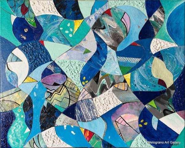 Dipinto astratto di Laura Ruberto con acrilici su tela, onde sovrapposte che evocano speranza e solidarietà.