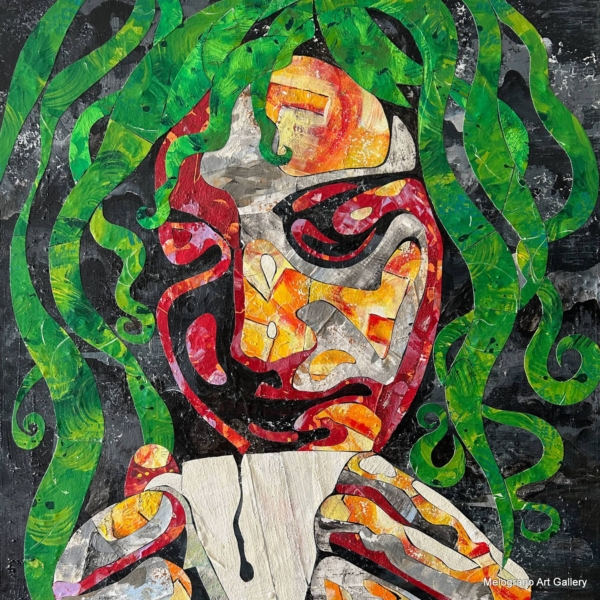 Donna con il capo chino su una tazza di caffè, immersa in meditazione, dipinta da Laura Ruberto con tecnica mista materica.