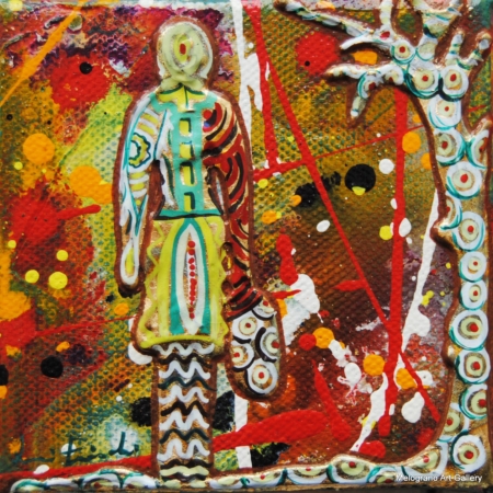 Piccole Ombre di Lucia Fiaschi, piccole tele con fondo verde, rilievi dorati, simboli e figure-ombra