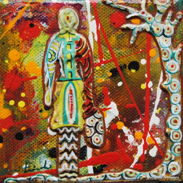 Piccole Ombre di Lucia Fiaschi, piccole tele con fondo verde, rilievi dorati, simboli e figure-ombra