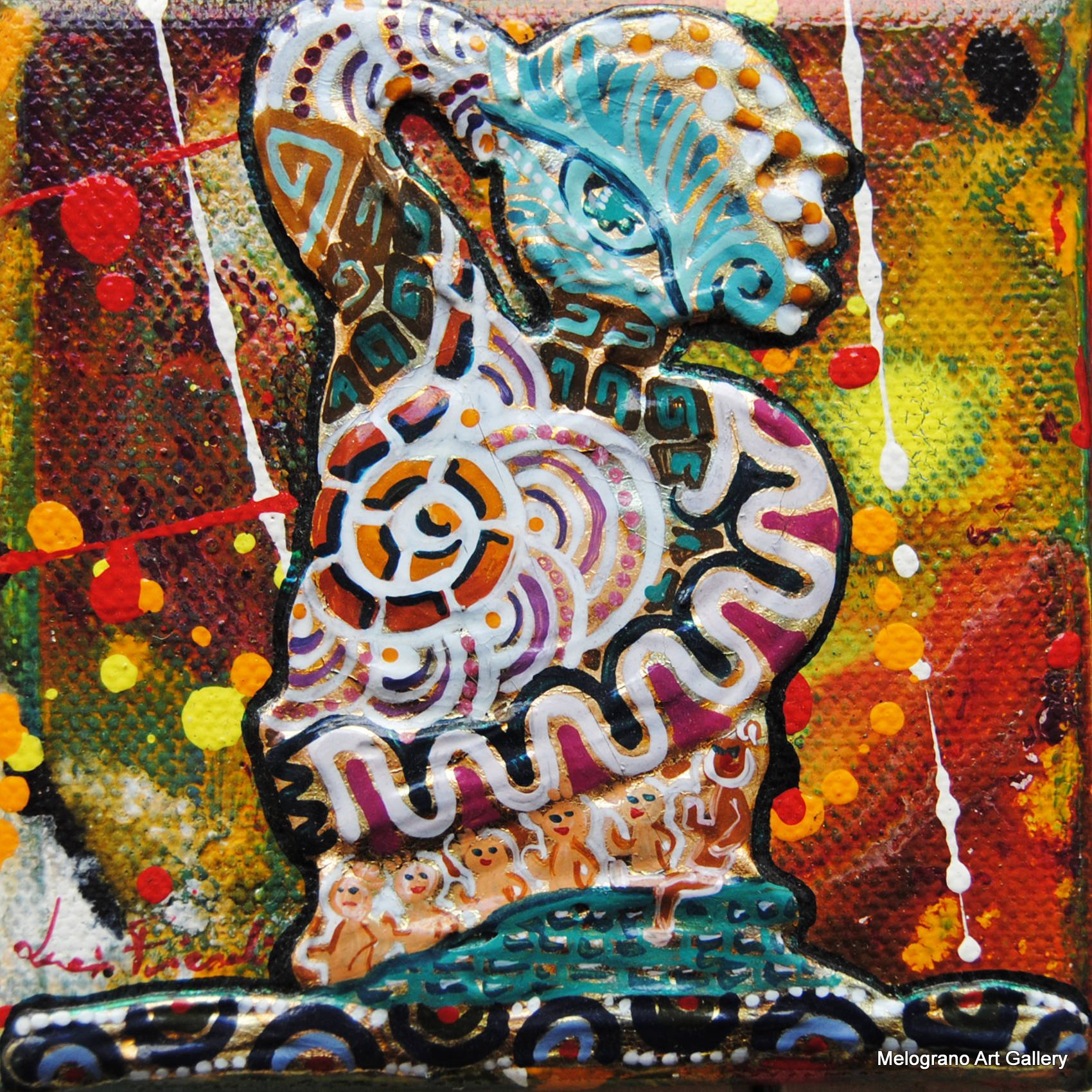 Piccole Ombre di Lucia Fiaschi, piccole tele con fondo verde, rilievi dorati, simboli e figure-ombra