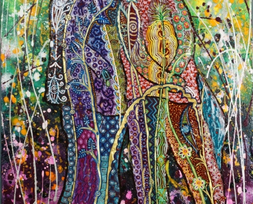 Opera di Lucia Fiaschi, bassorilievo acrilico su tela, motivi simbolici e figure sinuose