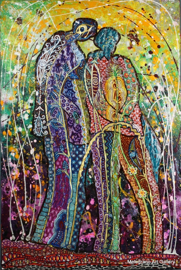 Opera di Lucia Fiaschi, bassorilievo acrilico su tela, motivi simbolici e figure sinuose