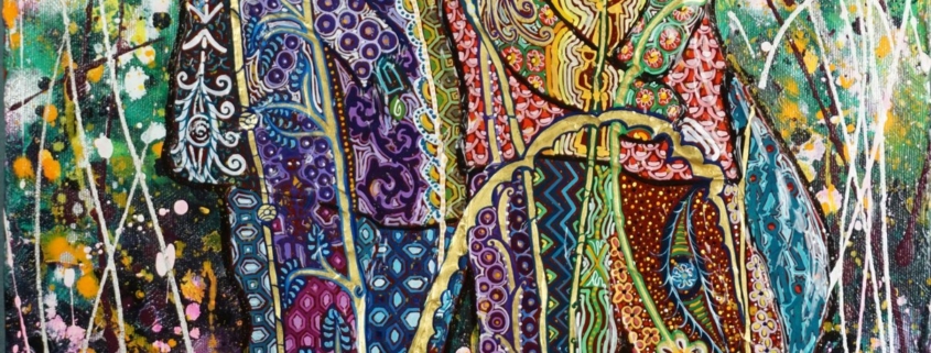 Lucia Fiaschi Ombre insieme Opera di Lucia Fiaschi, bassorilievo acrilico su tela, motivi simbolici e figure sinuose