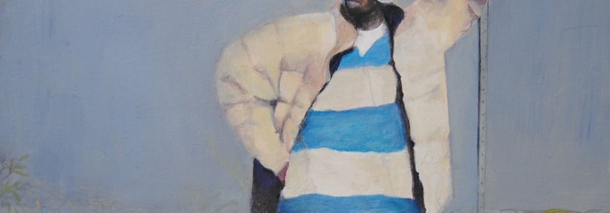 Uomo appoggiato a un muro con giacca imbottita e berretto rosso, dipinto figurativo di Mara Di Campli