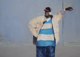 Uomo appoggiato a un muro con giacca imbottita e berretto rosso, dipinto figurativo di Mara Di Campli