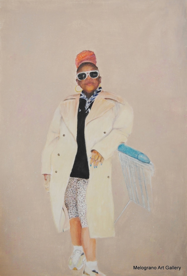 Donna con carrello della spesa, dipinto figurativo di Mara Di Campli