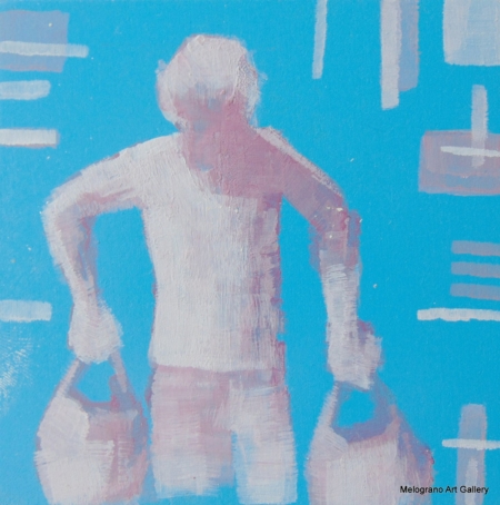 Piccola tavoletta colorata di Marco Cavalieri, figure e motivi onirici che esprimono fantasia, dinamismo e viaggio nell’irrazionale.