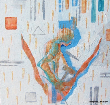 Piccola tavoletta colorata di Marco Cavalieri, figure e motivi onirici che esprimono fantasia, dinamismo e viaggio nell’irrazionale.