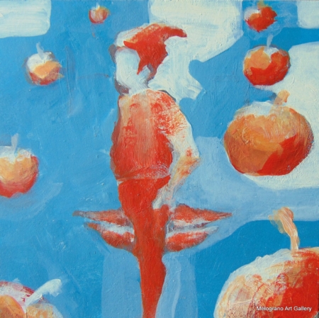 Piccola tavoletta colorata di Marco Cavalieri, figure e motivi onirici che esprimono fantasia, dinamismo e viaggio nell’irrazionale.