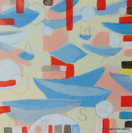 Piccola tavoletta colorata di Marco Cavalieri, figure e motivi onirici che esprimono fantasia, dinamismo e viaggio nell’irrazionale.