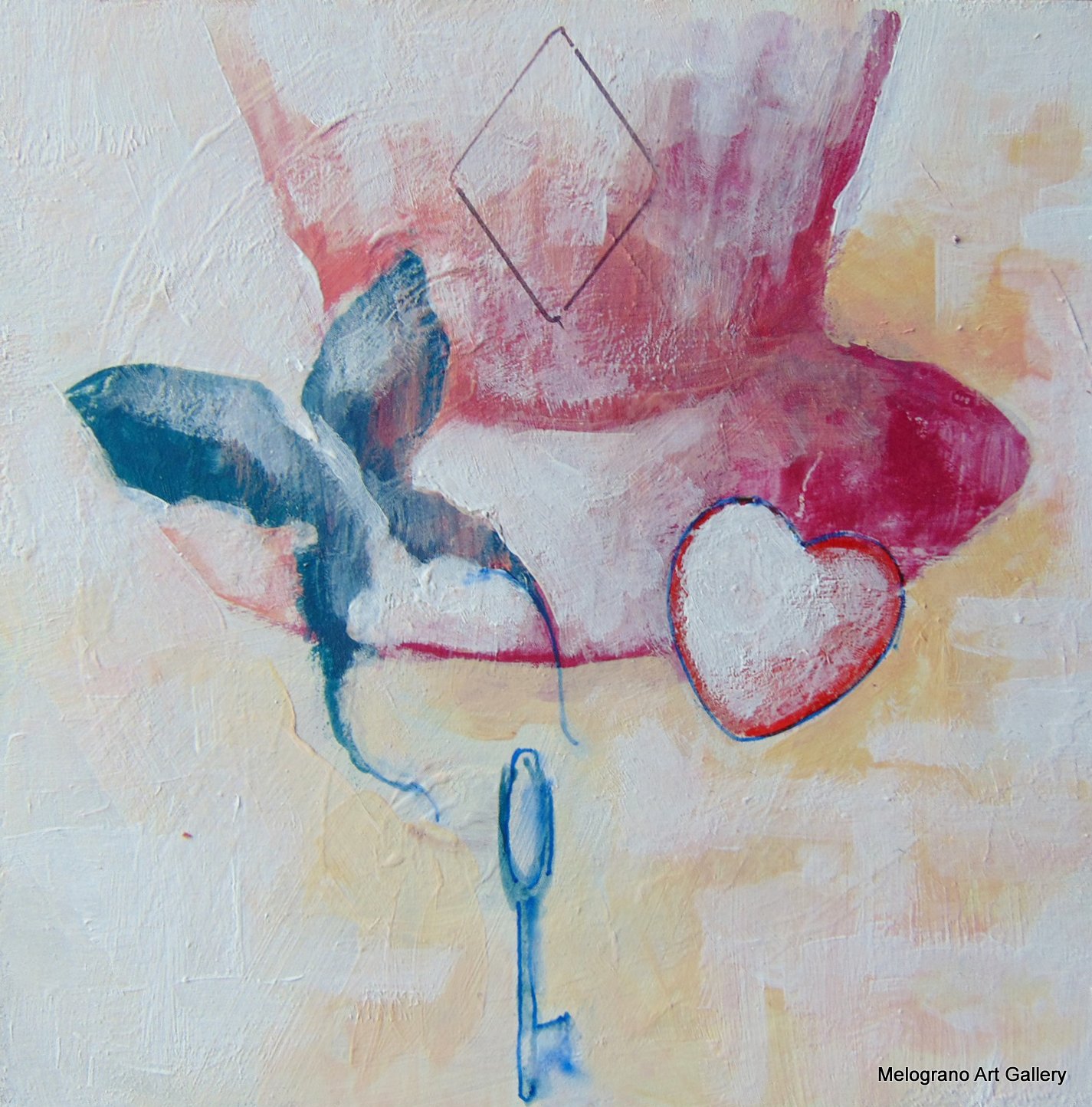 Piccola tavoletta colorata di Marco Cavalieri, figure e motivi onirici che esprimono fantasia, dinamismo e viaggio nell’irrazionale.