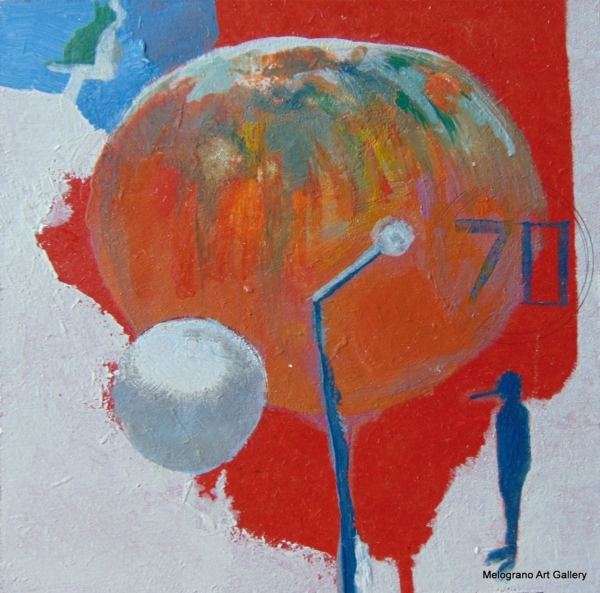 Piccola tavoletta colorata di Marco Cavalieri, figure e motivi onirici che esprimono fantasia, dinamismo e viaggio nell’irrazionale.