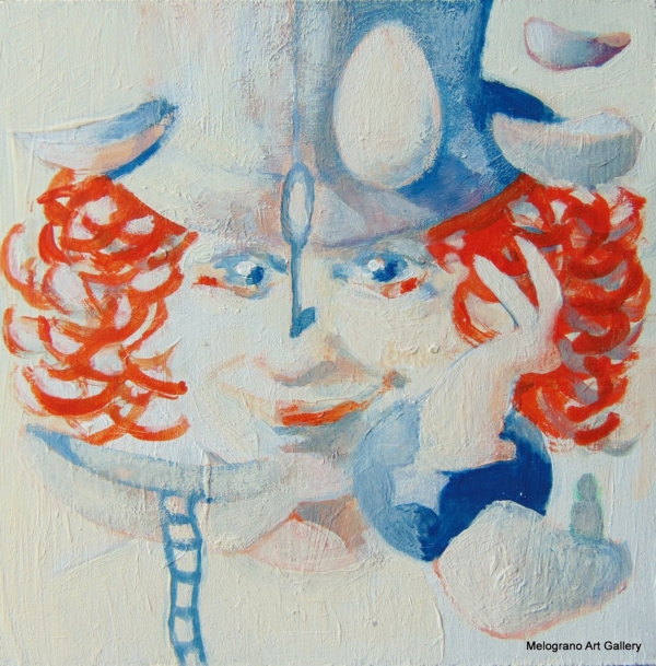 Piccola tavoletta colorata di Marco Cavalieri, figure e motivi onirici che esprimono fantasia, dinamismo e viaggio nell’irrazionale.