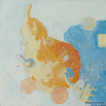 Piccola tavoletta colorata di Marco Cavalieri, figure e motivi onirici che esprimono fantasia, dinamismo e viaggio nell’irrazionale.