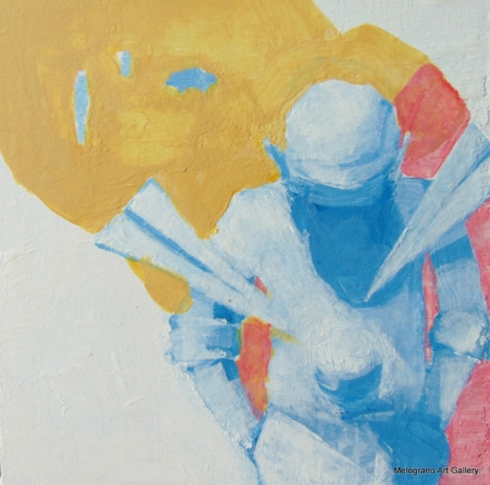 Piccola tavoletta colorata di Marco Cavalieri, figure e motivi onirici che esprimono fantasia, dinamismo e viaggio nell’irrazionale.