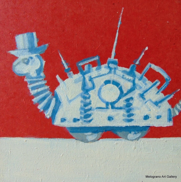 Piccola tavoletta colorata di Marco Cavalieri, figure e motivi onirici che esprimono fantasia, dinamismo e viaggio nell’irrazionale.