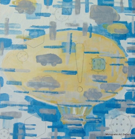 Piccola tavoletta colorata di Marco Cavalieri, figure e motivi onirici che esprimono fantasia, dinamismo e viaggio nell’irrazionale.