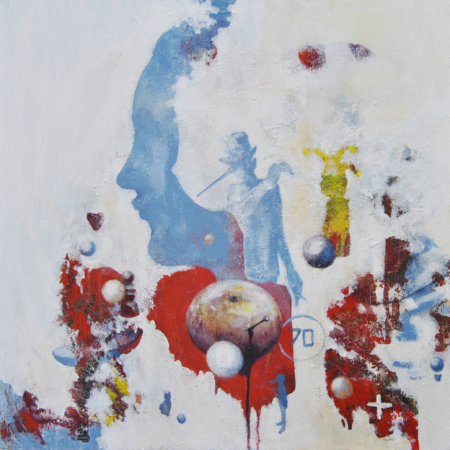 Dipinto di Marco Cavalieri, tele oniriche con volti e figure immerse in un’esplosione di simboli e immagini, colori pastello e composizione visionaria.