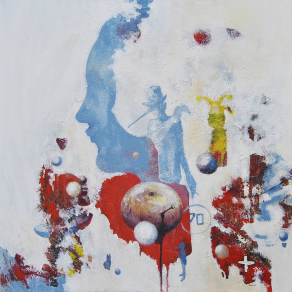 Dipinto di Marco Cavalieri, tele oniriche con volti e figure immerse in un’esplosione di simboli e immagini, colori pastello e composizione visionaria.