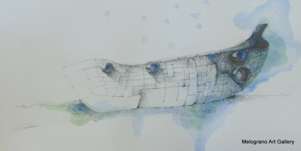 Disegno in velature azzurre di Marco Cavalieri su carta, realizzato con matita e acquarello, tratti leggeri e poetici che evocano fantasia e viaggio onirico.