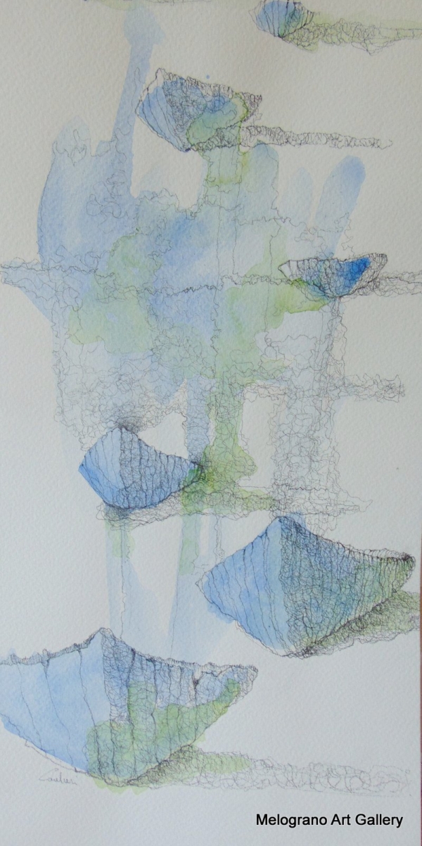 Disegno in velature azzurre di Marco Cavalieri su carta, realizzato con matita e acquarello, tratti leggeri e poetici che evocano fantasia e viaggio onirico.