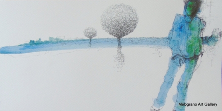 Disegno in velature azzurre di Marco Cavalieri su carta, realizzato con matita e acquarello, tratti leggeri e poetici che evocano fantasia e viaggio onirico.