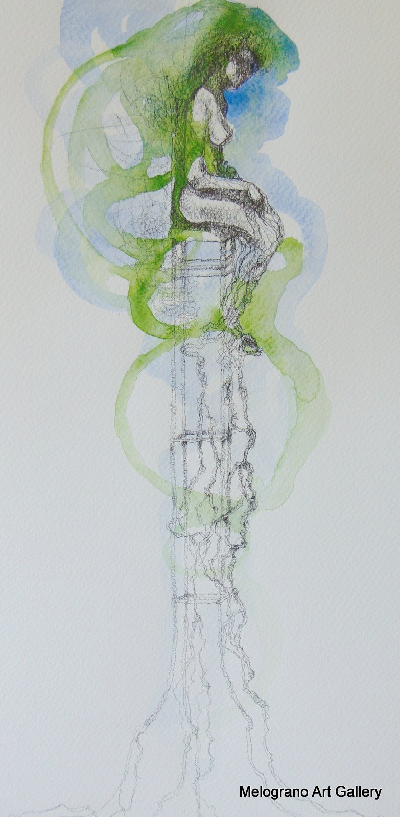 Disegno in velature azzurre di Marco Cavalieri su carta, realizzato con matita e acquarello, tratti leggeri e poetici che evocano fantasia e viaggio onirico.