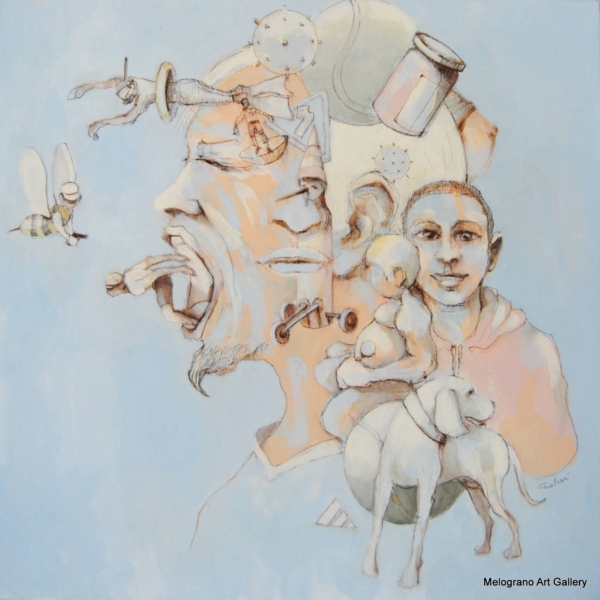 Dipinto di Marco Cavalieri, tele oniriche con volti e figure immerse in un’esplosione di simboli e immagini, colori pastello e composizione visionaria.