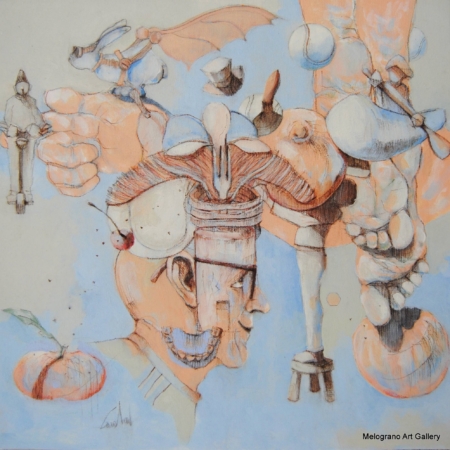 Dipinto di Marco Cavalieri, tele oniriche con volti e figure immerse in un’esplosione di simboli e immagini, colori pastello e composizione visionaria.