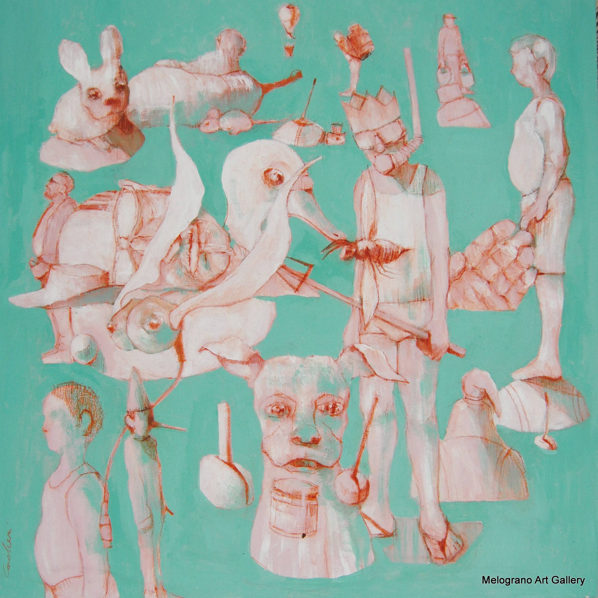 Dipinto di Marco Cavalieri, tele oniriche con volti e figure immerse in un’esplosione di simboli e immagini, colori pastello e composizione visionaria.