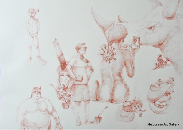 Disegno a sanguigna, un esempio della poetica di Marco Cavalieri tra fantasia, metamorfosi e visione onirica.