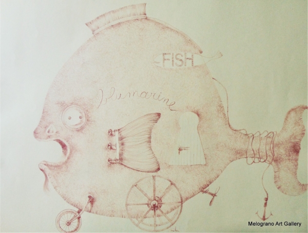 Disegno a sanguigna, un esempio della poetica di Marco Cavalieri tra fantasia, metamorfosi e visione onirica.