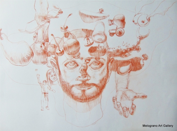 Disegno a sanguigna, un esempio della poetica di Marco Cavalieri tra fantasia, metamorfosi e visione onirica.