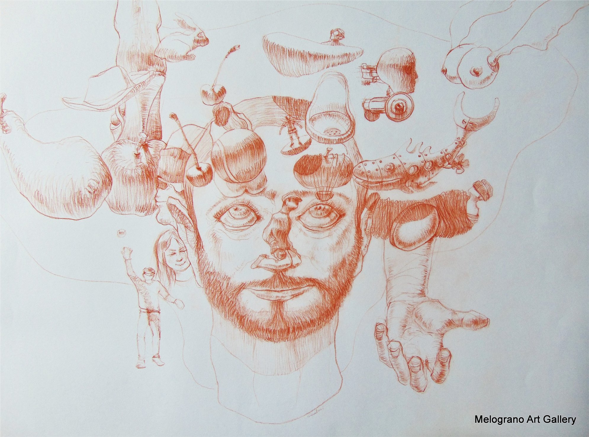 Disegno a sanguigna, un esempio della poetica di Marco Cavalieri tra fantasia, metamorfosi e visione onirica.