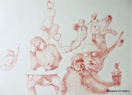 Disegno a sanguigna, un esempio della poetica di Marco Cavalieri tra fantasia, metamorfosi e visione onirica.