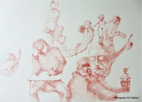 Disegno a sanguigna, un esempio della poetica di Marco Cavalieri tra fantasia, metamorfosi e visione onirica.